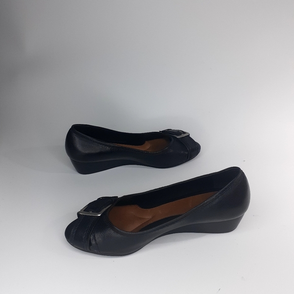 Women's Black Leather Open Toe Wedge Shoe by Sparrow Size 8.5.  Made in Brazil. - Picture 7 of 14